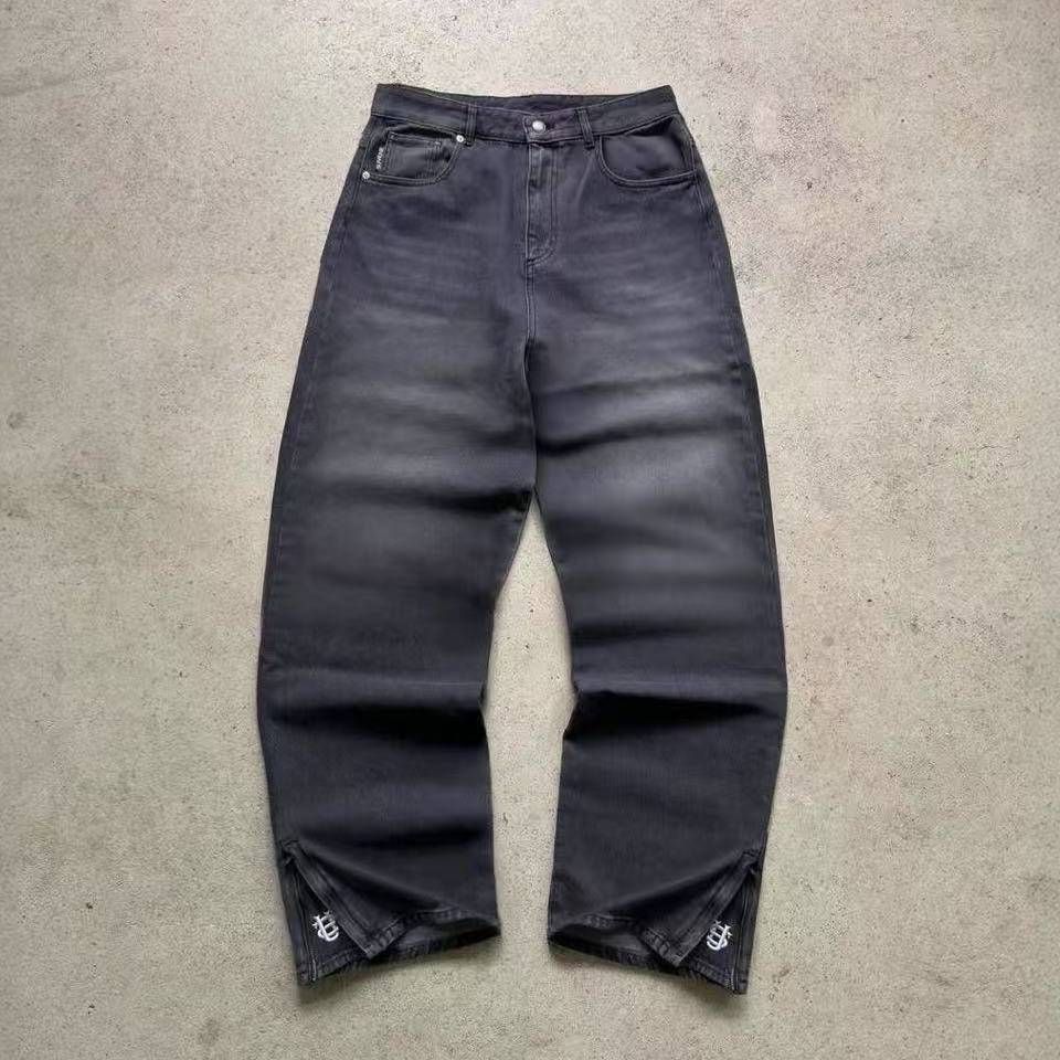 Men's Clothing Zippers And Embroidery Unisex Unisex Vintage American Style High-Waist Straight Leg Jeans With Side Zipper & Embroidery – Black Grey_mkmklike.com