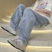 Men's Clothing Men's Straight Leg Jeans Light Blue Frayed Edge Cross Patterned Retro Trendy Youth Spring Fashion Pants_mkmklike.com