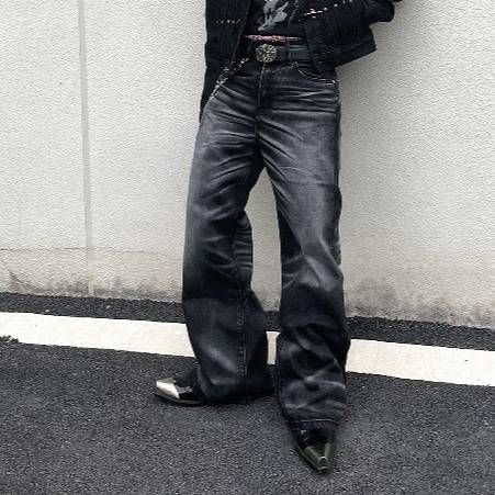 Men's Clothing Distressed Black Wash Vintage Whiskered Baggy Loose Straight Leg Jeans Men's Denim The King Of Fighters_mkmklike.com