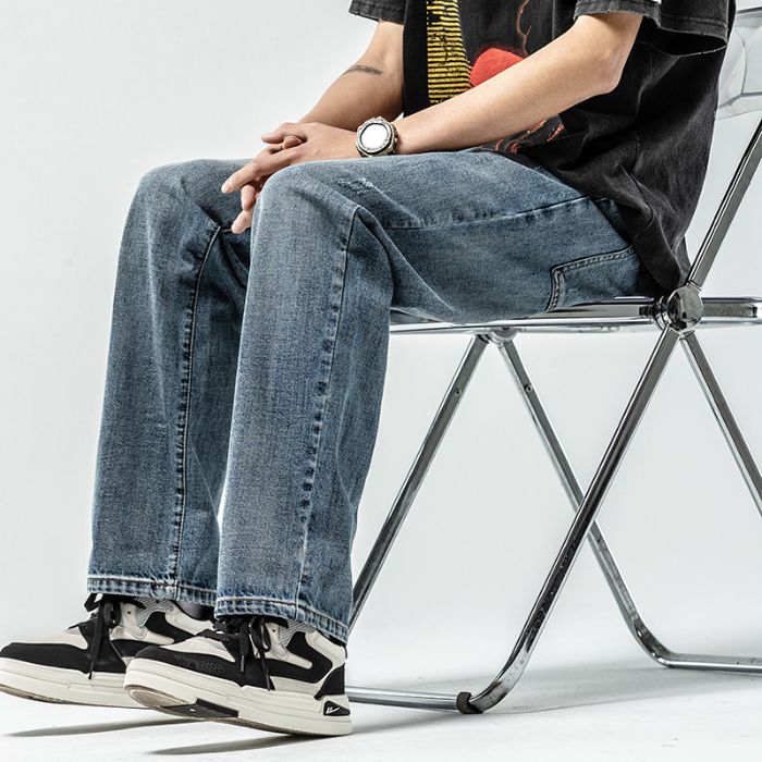 Jeans Men's Straight Straight Pants Washed Retro Trousers Middle Waist, Embroidery, Double Craft_mkmklike.com