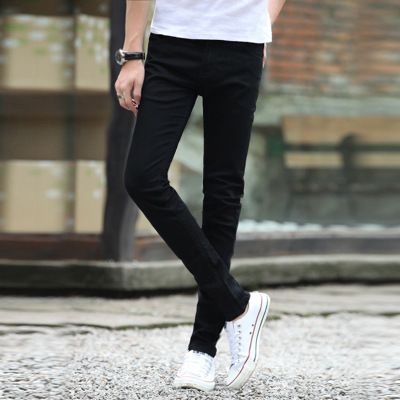 Spring And Autumn Elastic Jeans Men's Slim Fit Small Feet Casual Straight Leg Korean Style Trendy Black Stain Resistant_mkmklike.com
