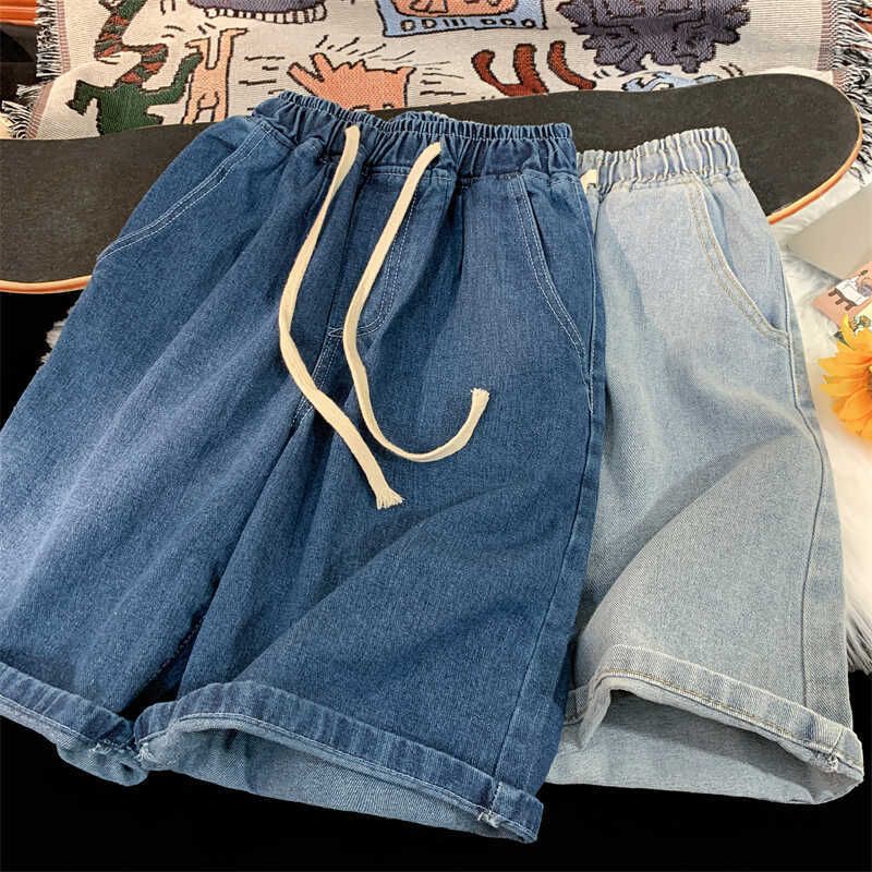 Men's Denim Shorts 5-Inch Inseam American Casual Washed Elastic Waist Straight Leg Summer Shorts_mkmklike.com