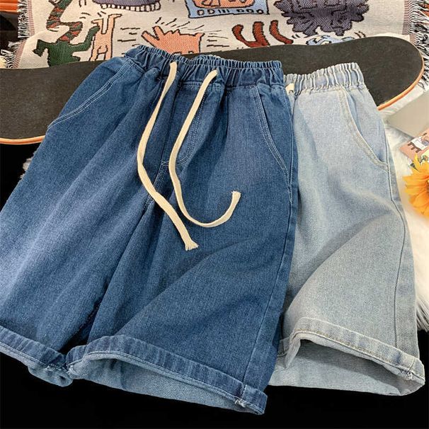 Men's Denim Shorts 5-Inch Inseam American Casual Washed Elastic Waist Straight Leg Summer Shorts_mkmklike.com