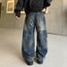 Men's Vintage High Street Distressed Jeans - Parisian Style Straight Leg Denim Pants With Washed Finish_mkmklike.com