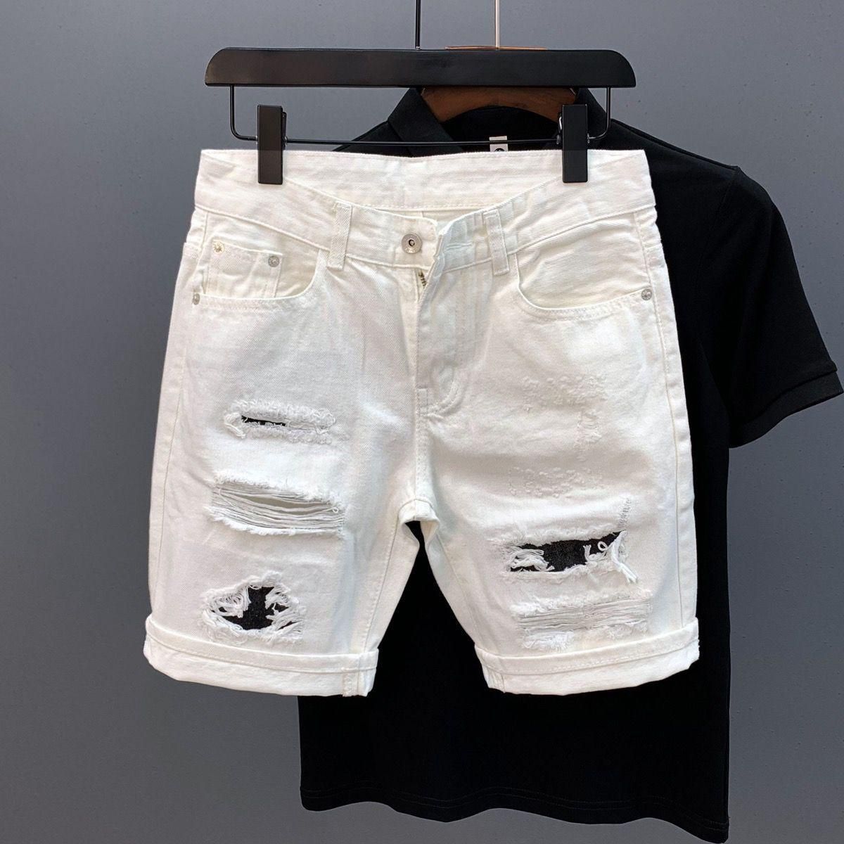 Men's Clothing Big Hole White Denim Shorts Trend Scratched Casual Non Elastic Shorts_mkmklike.com