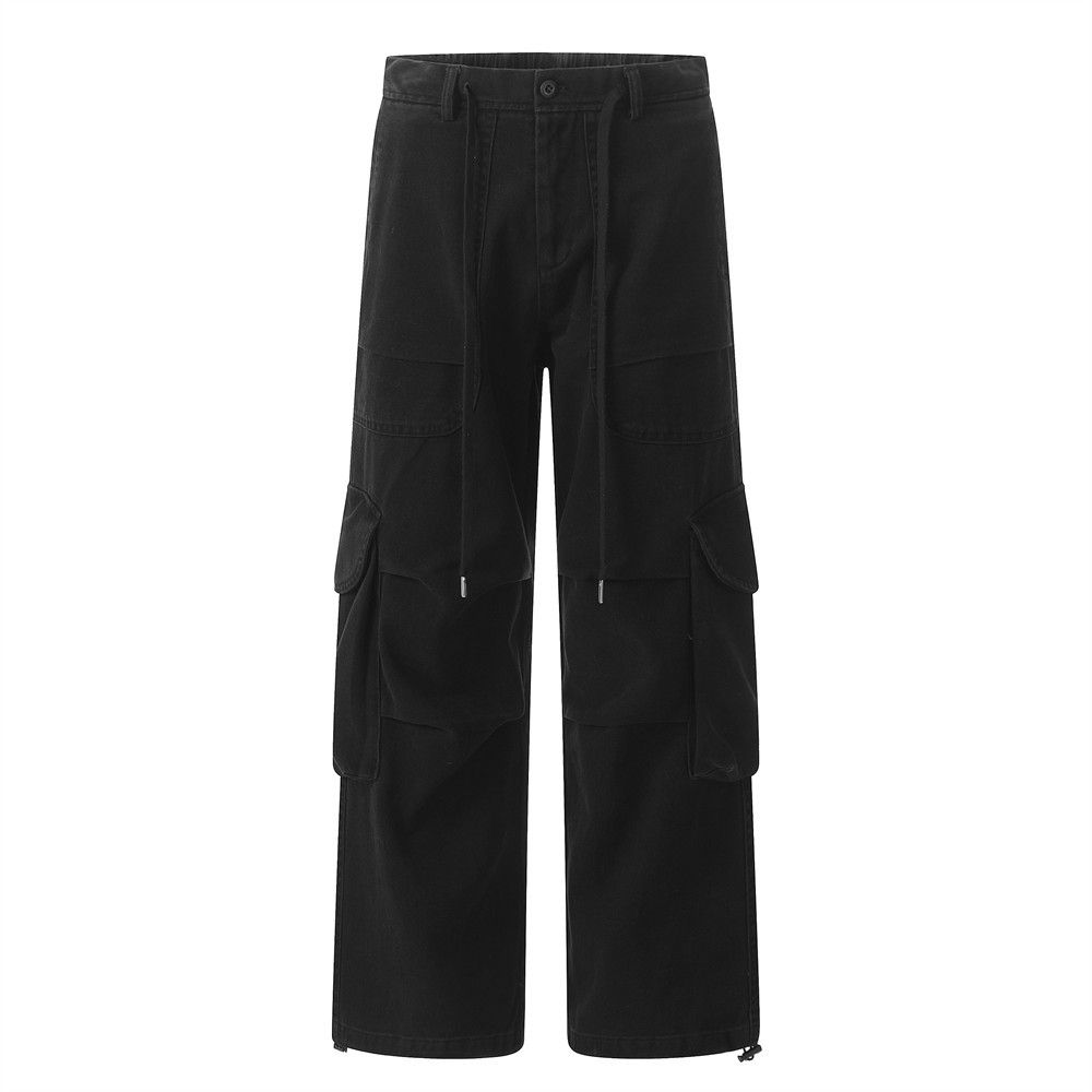 American High Street Multi-Pocket Pleated Cargo Jeans Men's Loose Casual Washed Vintage Wide-Leg Straight Long Pants_mkmklike.com