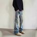 Men's Vintage Washed Blue Jeans – Retro Whisker & Bamboo Pattern, Loose Straight Fit For Casual Style_mkmklike.com