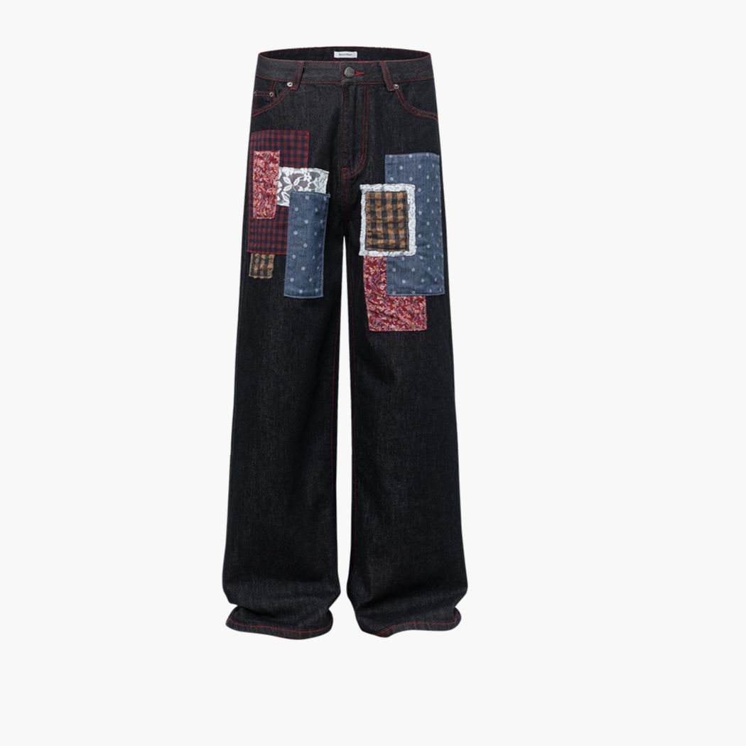 Men's Clothing Plaid Patch Patchwork Straight Jeans Retro Red Stitching Loose_mkmklike.com