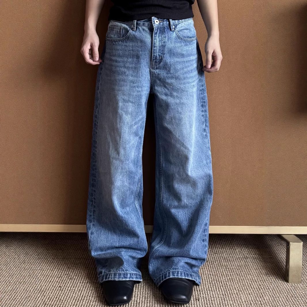 Men's Clothing Men's Vintage Washed Denim Jeans – Relaxed Straight Fit, Heavyweight Cotton, Clean A-Line Cut, Classic Blue For Casual & Streetwear_mkmklike.com