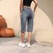 K New Women's Cowboy Mid Pants Breathable Quarter Pants Elastic High Waist Elastic Mid Pants_mkmklike.com