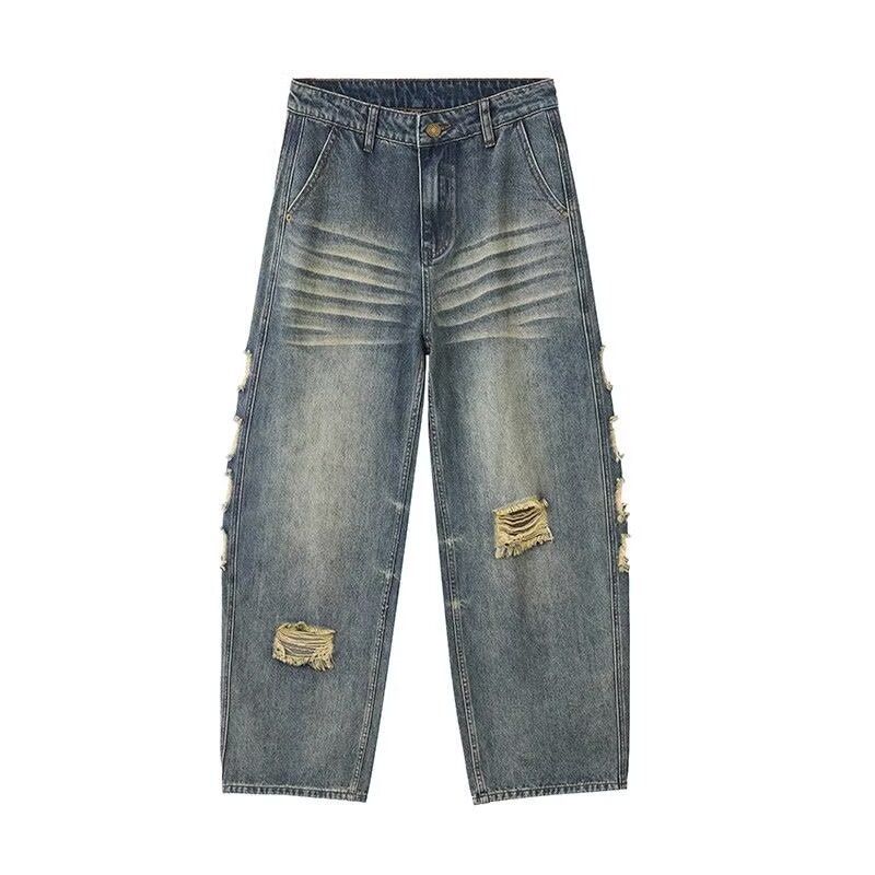 Vintage American Retro Distressed Jeans Loose Fit Wide Leg Cat Whisker Crooked Hem Denim Pants for Men And Women_mkmklike.com