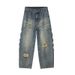 Vintage American Retro Distressed Jeans Loose Fit Wide Leg Cat Whisker Crooked Hem Denim Pants for Men And Women_mkmklike.com