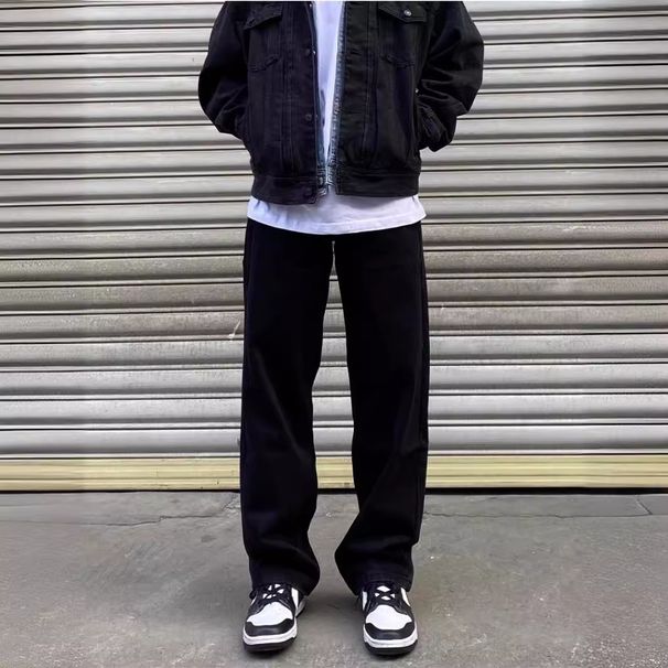 High Street Black Jeans For Men Loose Fit Versatile White Wide-Leg Retro Slimming Straight Casual Long Pants_mkmklike.com