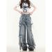 Unisex Cargo Denim Pants With Multi-Pocket & Distressed Details, Loose Fit Wide Leg Jeans For Streetwear Style_mkmklike.com