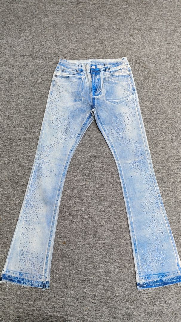 Men's Clothing Fashion Ins Blue Coated Gold Stamped Starry Sky Diamond Miscellaneous Denim Stacked Bell Bottom Pants_mkmklike.com