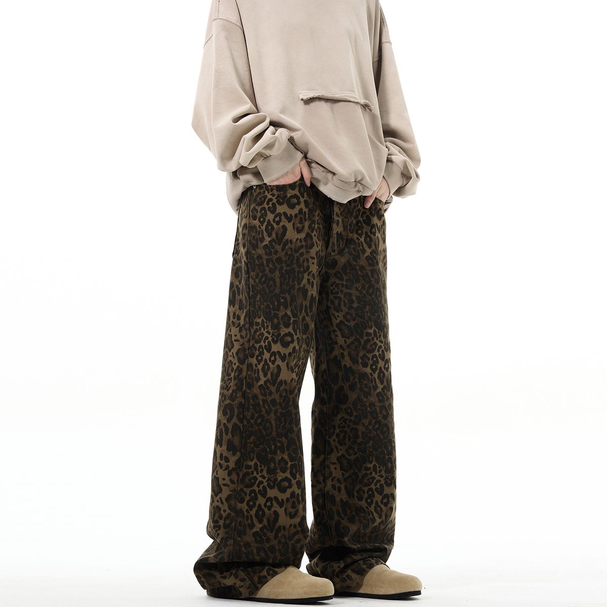 MADWITCH New American Style Leopard Print Jeans Straight Loose Men's Vintage Casual Pants_mkmklike.com