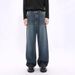 Men's Vintage Washed Jeans - High Street Style With Yellow Mud Dye, Oversized Dad Fit Straight Leg Pants For Streetwear_mkmklike.com