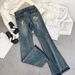 Women's Vintage Low-Rise Flared Jeans Retro Blue Distressed High-Waisted Stretch Denim Pants with Embroidery_mkmklike.com