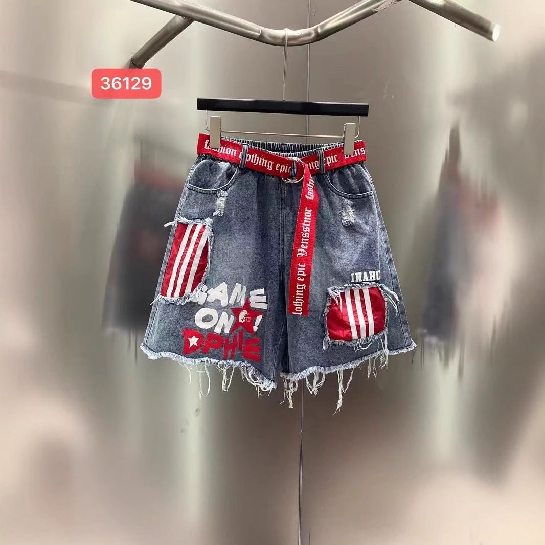 Women's Clothing New Style Personality Contrast Color Bar Letter Printing Belt Short Pants Trendy_mkmklike.com