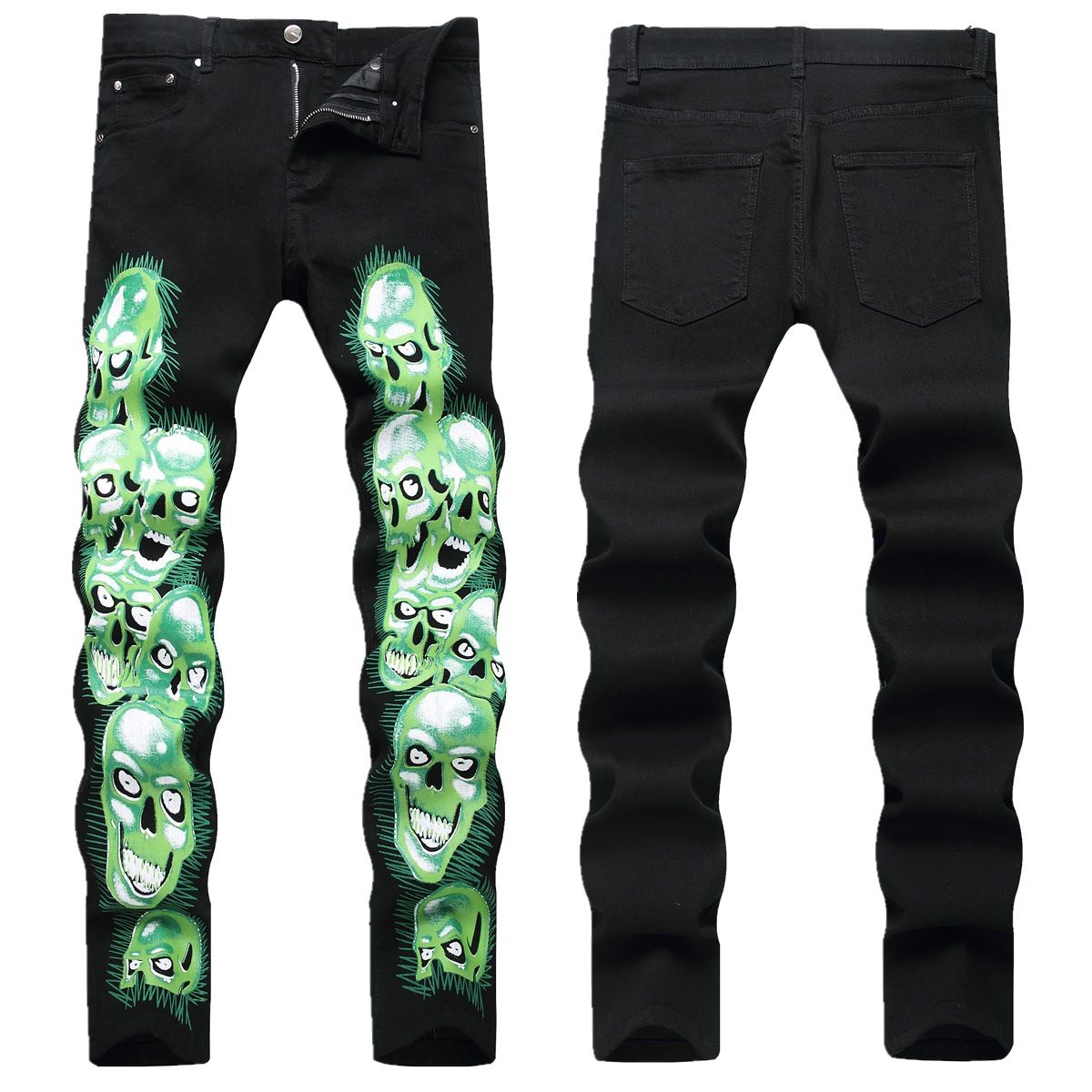 Men's Dark Gothic Style Skull Print Jeans High Street Hip Hop Slim Fit Stretch Trousers_mkmklike.com