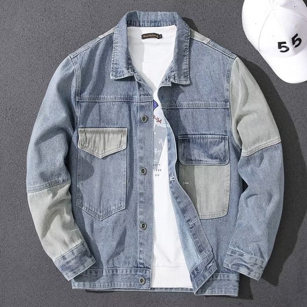 Korean Style Denim Patchwork Jacket - Slim Fit Casual Coat With Contrast Collar | Durable Cotton Blend For Men (Blue/Grey)_mkmklike.com