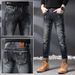 Slim Fit Distressed Patch Jeans For Men, Youth Style, Unique Vintage Straight Leg Pants_mkmklike.com
