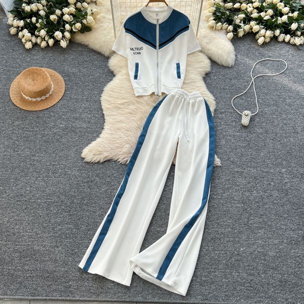 Women's Clothing Fashion Suit For Women In Summer Denim Stitching Short Sleeved Zipper Top + High Waist Casual Wide Leg Pants_mkmklike.com