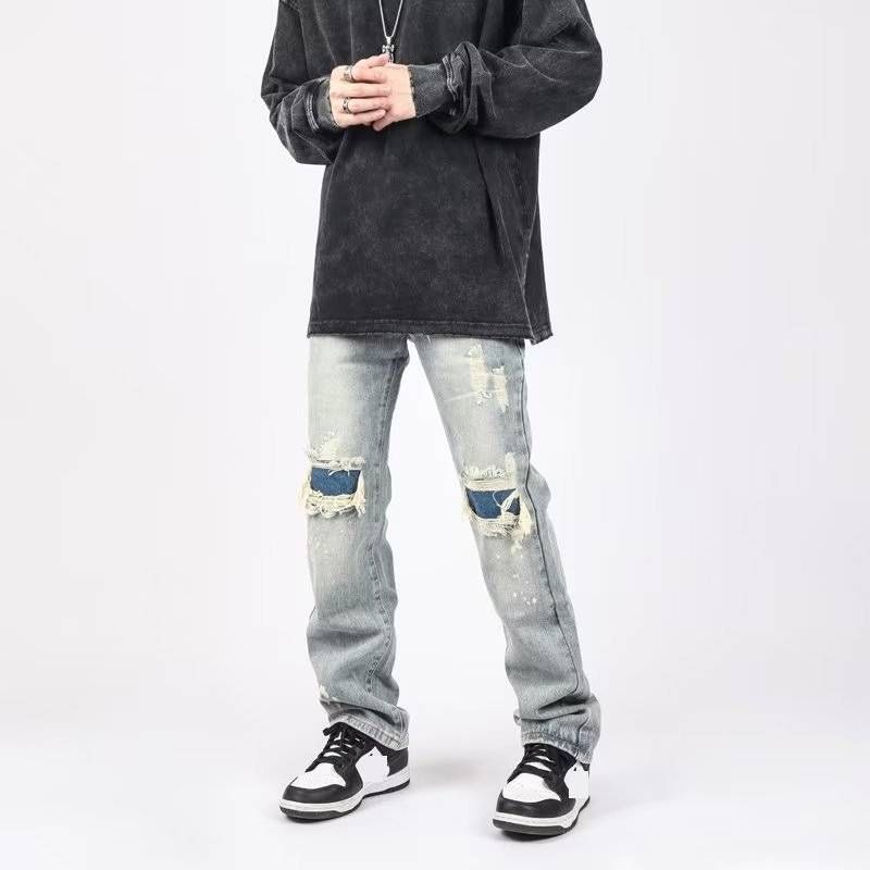 Men's Trendy Slim Fit Straight Leg Ripped And Patched Jeans High Street Style Retro Washed Pants Streetwear_mkmklike.com