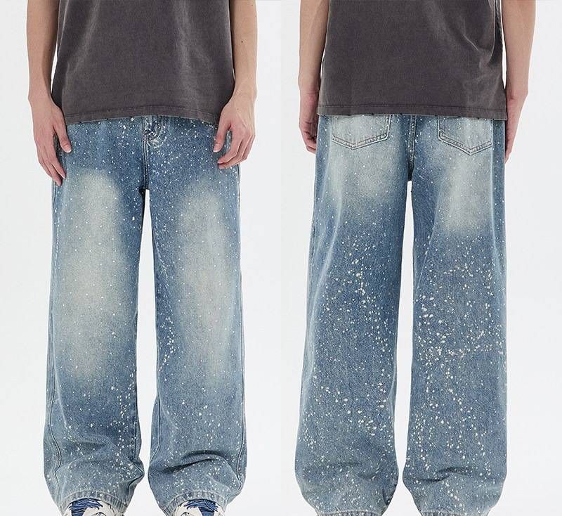 Men's Straight Leg Loose Fitting Wide Leg Jeans Starry Sky Rhinestone Embellishments High End Style Trendy Cool Edgy Denim_mkmklike.com
