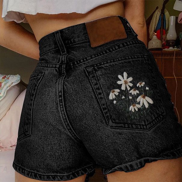 Women's Clothing Shorts Embroidery All Match Denim Shorts Casual_mkmklike.com