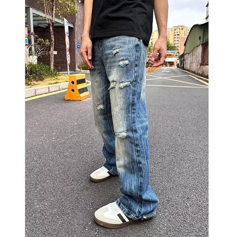 Vintage Chain Print Jeans – Distressed Washed Denim Pants For Men (S-3XL, 70% Cotton, Zip Fly, Streetwear Oversized Fit)_mkmklike.com