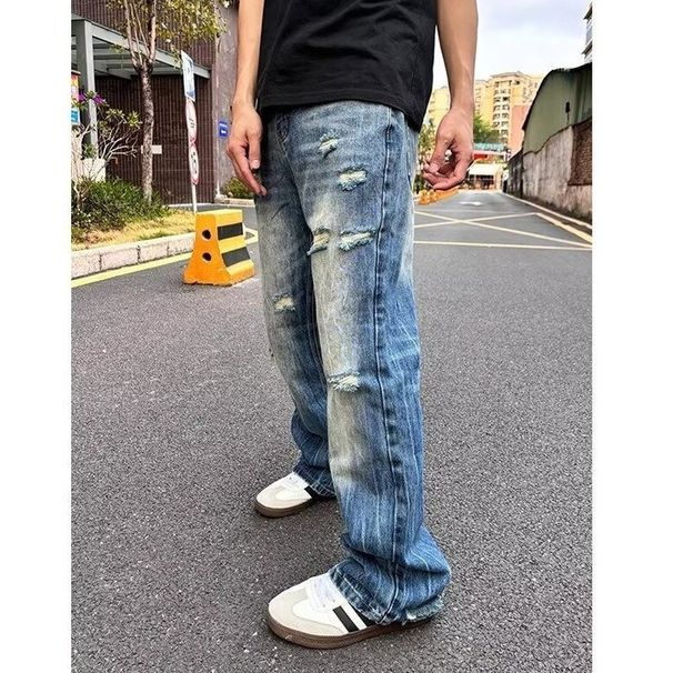 Vintage Chain Print Jeans – Distressed Washed Denim Pants For Men (S-3XL, 70% Cotton, Zip Fly, Streetwear Oversized Fit)_mkmklike.com