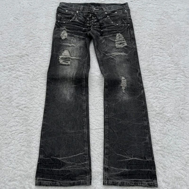 Men's Clothing Summer Y2k Washed Jeans Street Gothic Retro Micro Flared Double Waist Trousers_mkmklike.com
