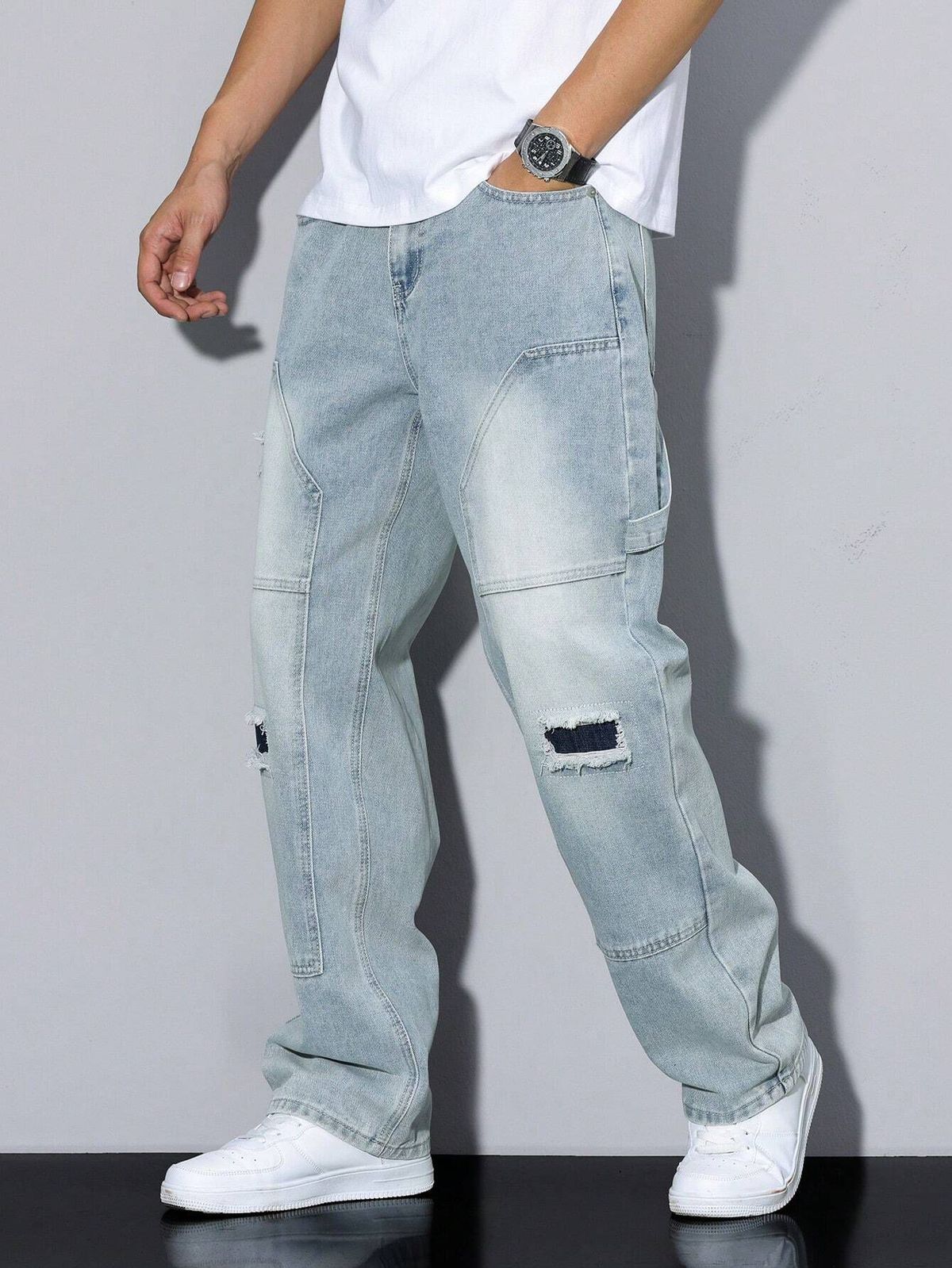 Men's American Retro Washed Distressed Patch Jeans Wide Leg Loose Fit Casual Versatile Straight Leg Trousers_mkmklike.com