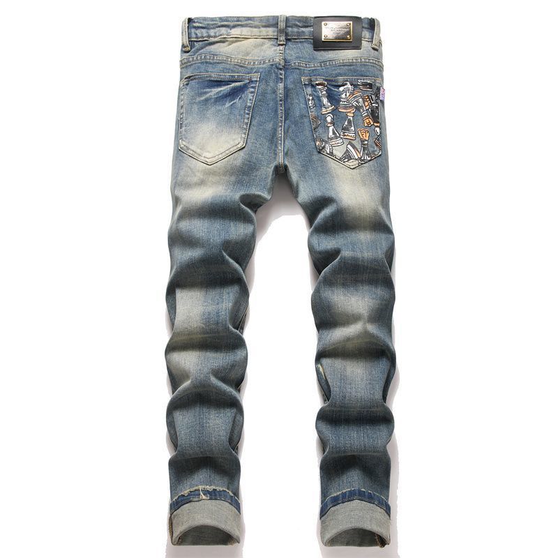 Men's Stretch Denim Jeans With Punk-Inspired Print & Destructive Details - Slim Fit Retro Blue Denim Pants With Whisker Effects_mkmklike.com