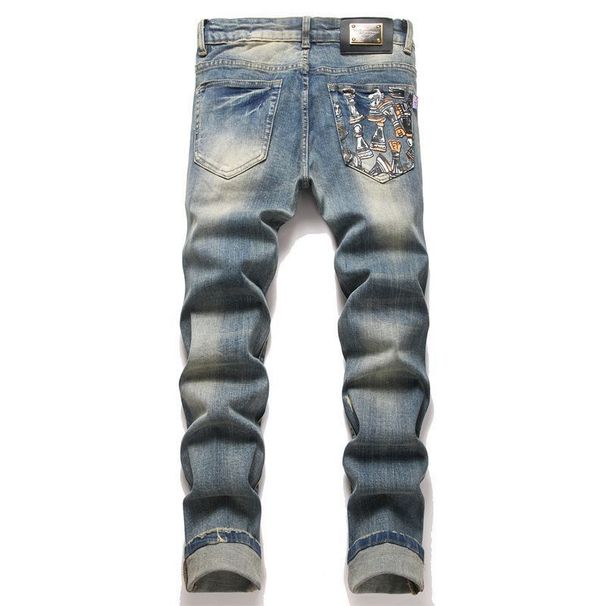 Men's Stretch Denim Jeans With Punk-Inspired Print & Destructive Details - Slim Fit Retro Blue Denim Pants With Whisker Effects_mkmklike.com