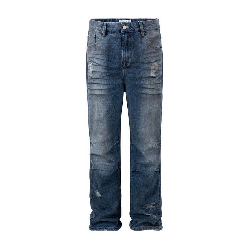Men's Clothing Street Washed Bamboo Pattern Distressed Dirty Dark Blue Straight Flared Ripped Jeans_mkmklike.com