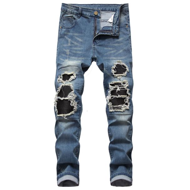 European And American High Street Black Ripped Slim Fit Small Leg Jeans For Men, Stretchy Trend, Leather Covered Motorcycle Jeans, Long Pants For Men_mkmklike.com