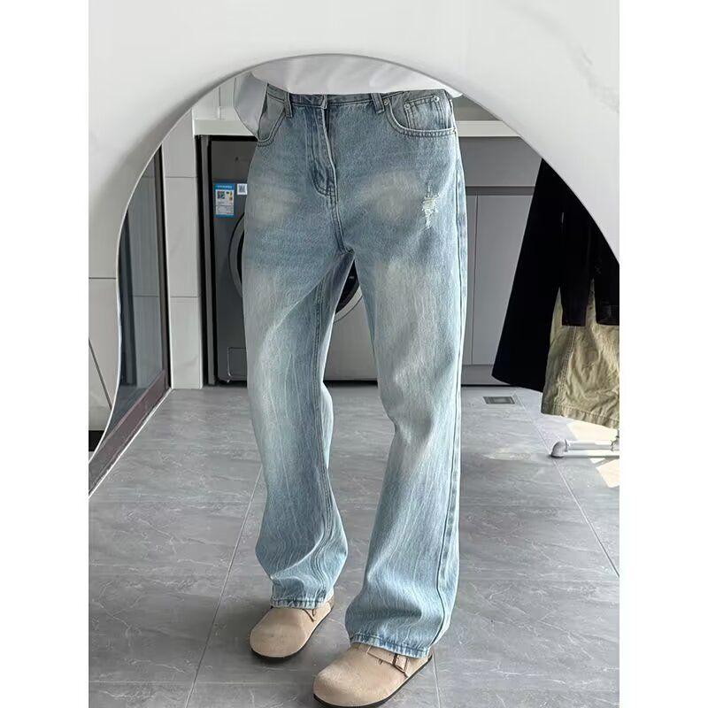 Men's Lightning Wash Distressed Jeans - Retro Straight Leg Flared Trousers, Vintage American Style For Spring & Autumn_mkmklike.com