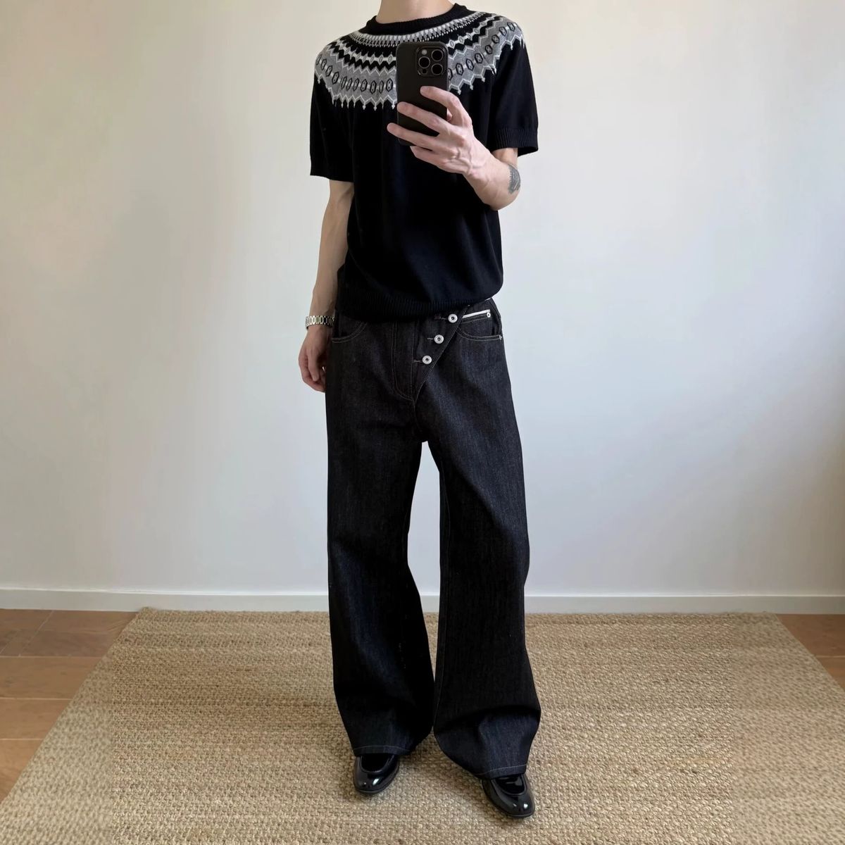 Unisex American Style Trendy Retro Raw Denim Patchwork Jeans Straight Leg Loose Fitting Wide Leg Black Trousers_mkmklike.com