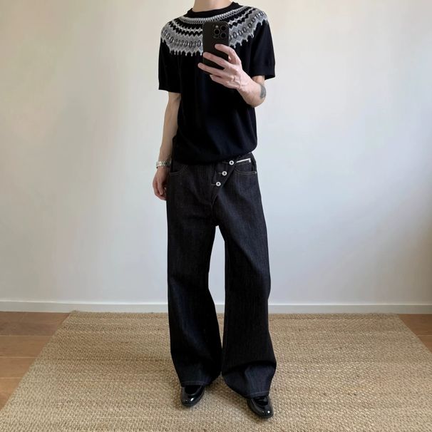 Unisex American Style Trendy Retro Raw Denim Patchwork Jeans Straight Leg Loose Fitting Wide Leg Black Trousers_mkmklike.com