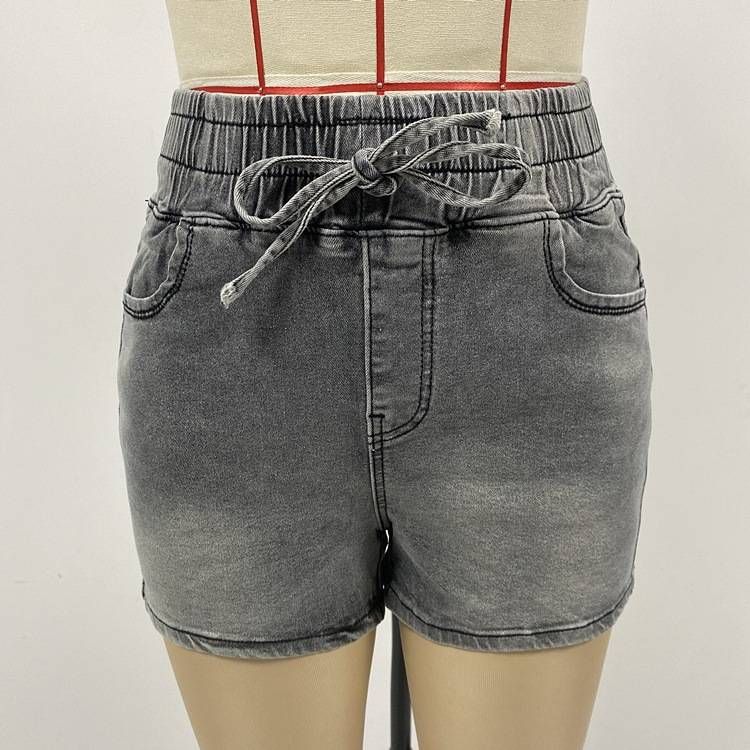 New Slim Fit Denim Shorts Feminine High Waist Elastic Waist Tie Hot Pants_mkmklike.com