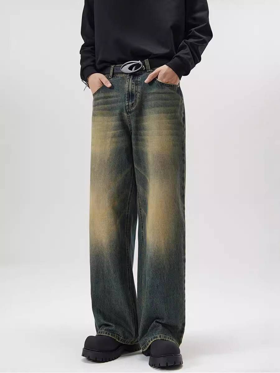 Men's Clothing Men's Relaxed Fit A-Line Jeans - Vintage Washed Wide-Leg Denim (Streetwear Essential)_mkmklike.com