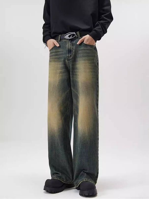 Men's Clothing Men's Relaxed Fit A-Line Jeans - Vintage Washed Wide-Leg Denim (Streetwear Essential)_mkmklike.com
