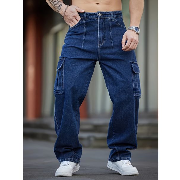 Men's Washed Denim Work Pants – Relaxed Fit Cargo Jeans With Multi-Pockets (Dark Blue, S-2xl) Fashion Trend_mkmklike.com