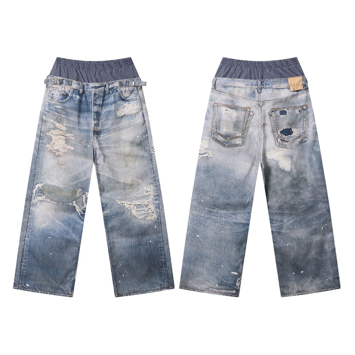 Men's Double Waist Denim Textured Loose Fit Straight Leg Pants High Street Trendy Brand West Coast Spring Summer Wear_mkmklike.com