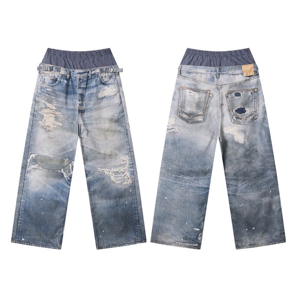 Men's Double Waist Denim Textured Loose Fit Straight Leg Pants High Street Trendy Brand West Coast Spring Summer Wear_mkmklike.com