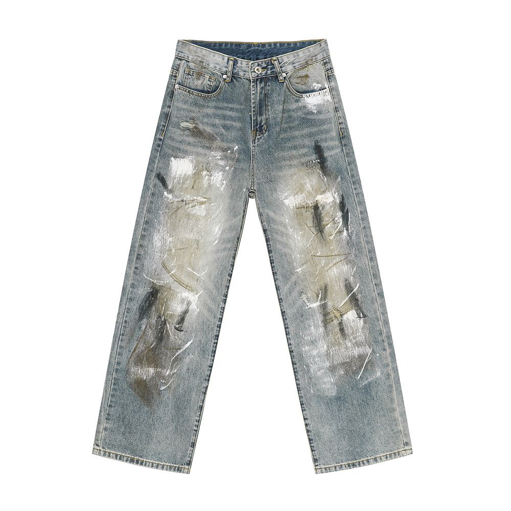 EF JEANS | 2024 New Product Niche Personality Old Wasteland Style American Dirty Dyed Graffiti Jeans High Street Tide_mkmklike.com