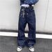 Men's Clothing Retro Studded Double Waisted Jeans, Unisex Loose Fitting Baggy Straight Leg Wide Leg Casual Logging Pants_mkmklike.com