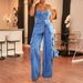 "High-Waisted Wide-Leg Work Pants – Stretch Cotton Denim For Office & Casual (Blue, S-XL)"_mkmklike.com